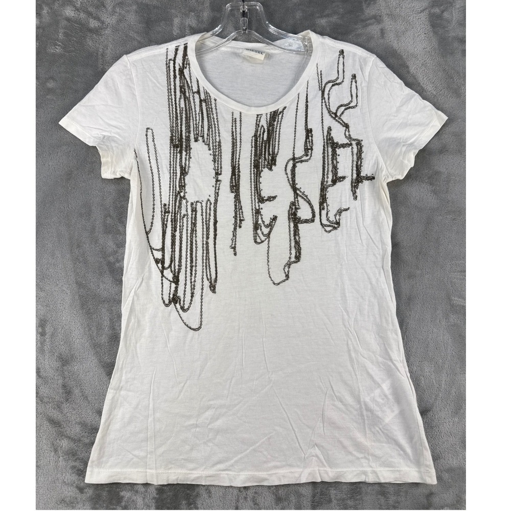 Diesel T-Shirt Womens XXL White Graphic Chain Rhinestone EUC